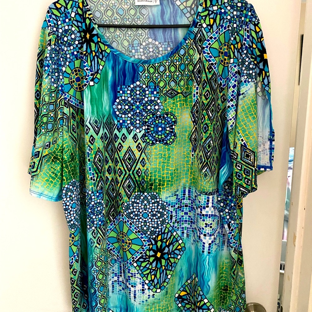 Susan Graver Blue Green Geometric Blouse 3X